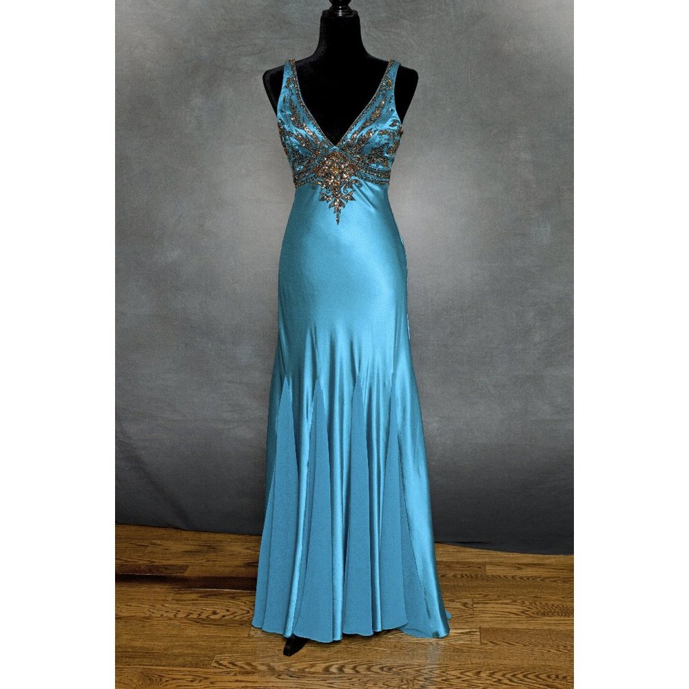 Sue Wong Nocturne Evening Gown Sz 0/2 Turquoise Blue Beaded, Godets